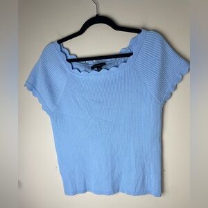 ANN TAYLOR short sleeve rib knit sweater scallop trim blue Women's SIZE XL